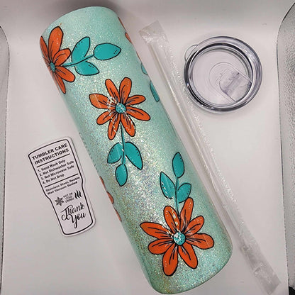 30 oz. Orange hand painted floral with leopard print glitter tumbler