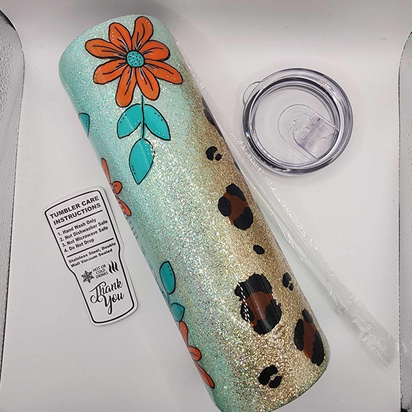 30 oz. Orange hand painted floral with leopard print glitter tumbler