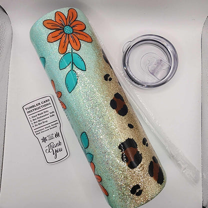 30 oz. Orange hand painted floral with leopard print glitter tumbler