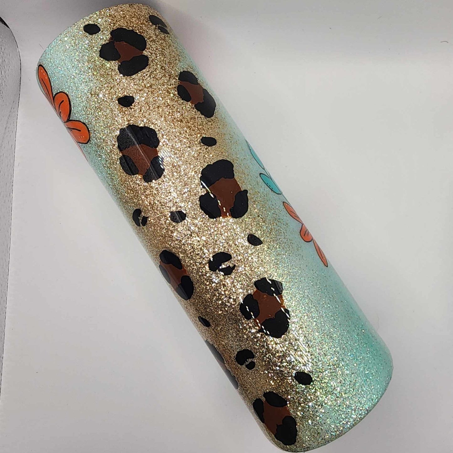 30 oz. Orange hand painted floral with leopard print glitter tumbler