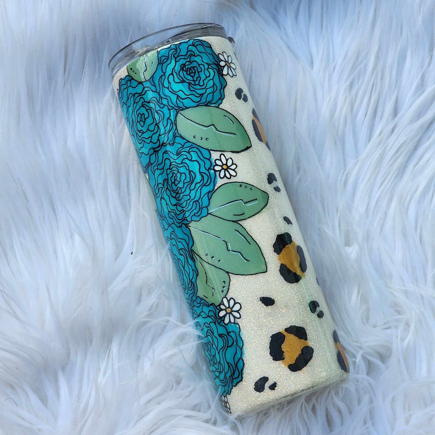 20 oz. Floral Stainless Steel Tumbler with Blue Leopard Print Accent