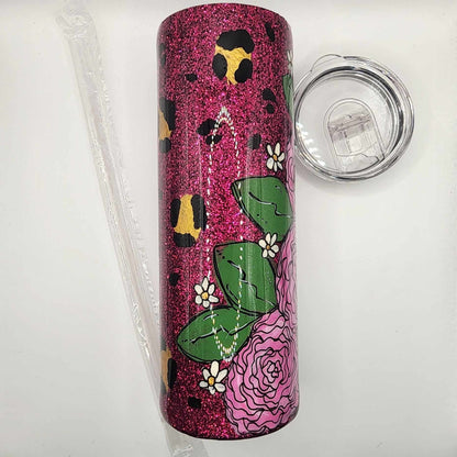 20 oz. Pink Hand-Painted Floral Tumbler with Leopard Print Accent with lid and straw